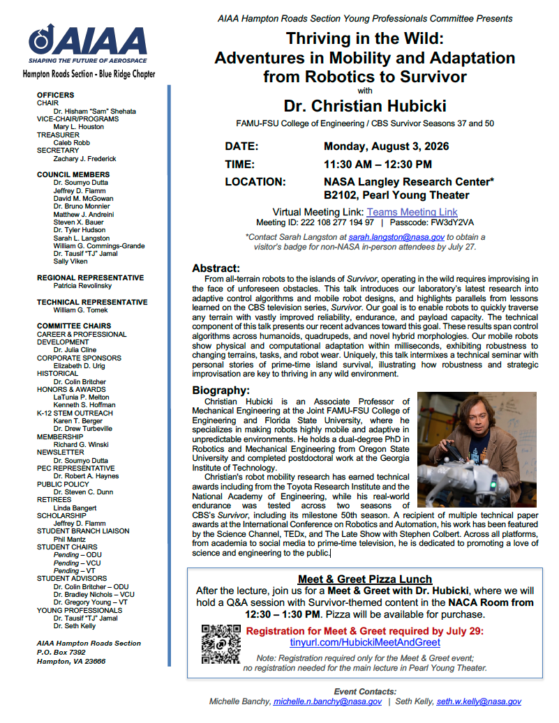 AIAA Hampton Roads Section Young Professional Committee Lecture - Dr. Christian Hubicki